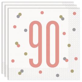 90 Års Servetter Vit & Rosa