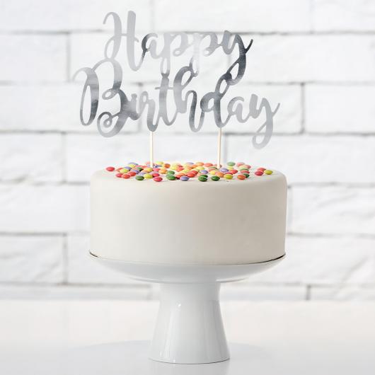Happy Birthday Cake Topper Silver