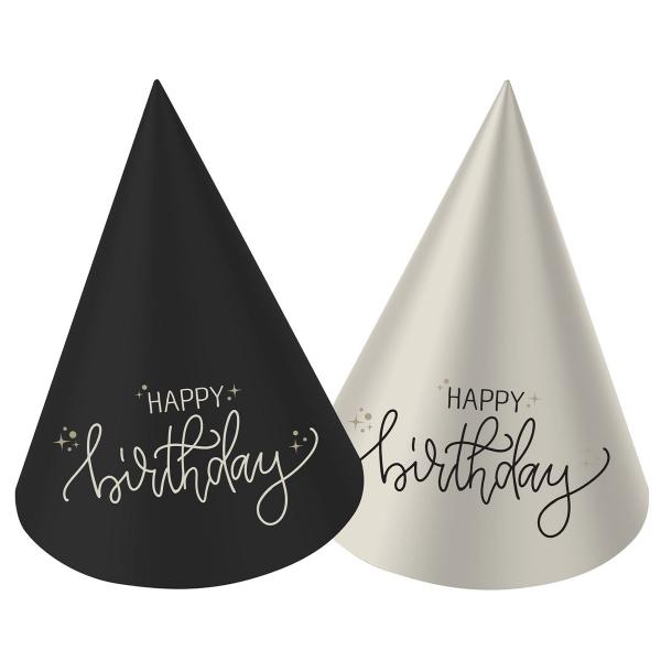 Partyhattar Happy Birthday Svart/Krmvit 6-pack