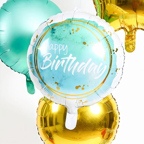 Folieballong Happy Birthday Turkos & Guld