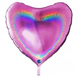 Stor Holografisk Folieballong Hjärta Fuxia Rosa