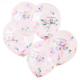 Konfettiballong Blommor Happy Birthday 5-Pack