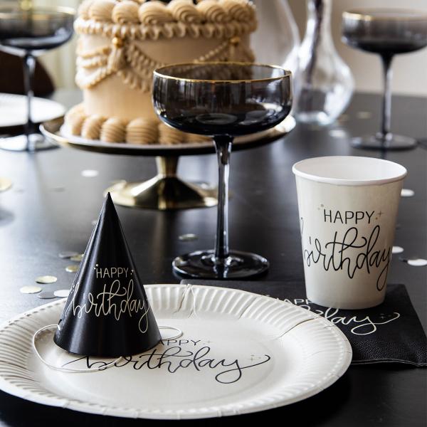 Papperstallrikar Happy Birthday Krmvit/Svart 8-pack