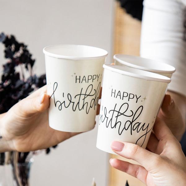 Pappersmuggar Happy Birthday Krmvit/Svart 8-pack