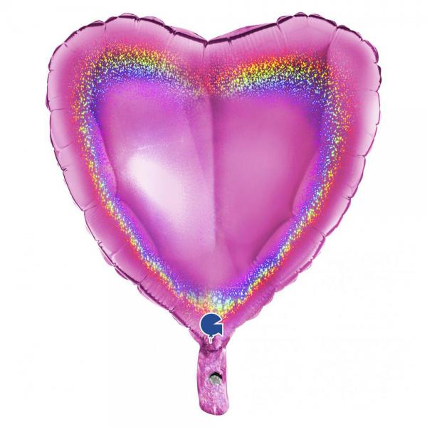 Holografisk Folieballong Hjrta Fuxia Rosa
