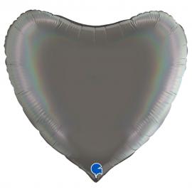 Stor Hjärtballong Holografisk Platinum Grå