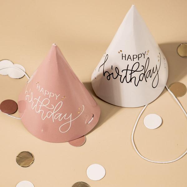 Partyhattar Happy Birthday Krmrosa/Krmvit 6-pack