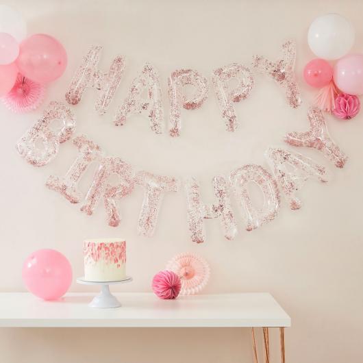 Happy Birthday Ballonger med Rosa Glitter