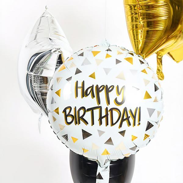 Folieballong Rund Happy Birthday Trianglar