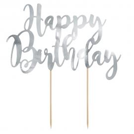 Happy Birthday Cake Topper Silver