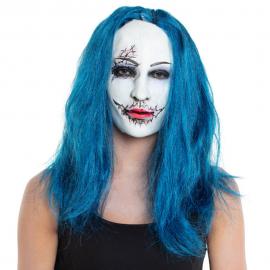 Creepy Woman Mask med Blått Hår