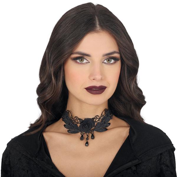 Broderad Choker med Svart Ros