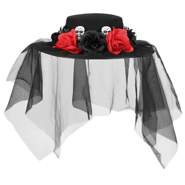 Svart Hatt med Döskallar, Blommor & Slöja