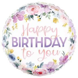 Happy Birthday Rund Blommig Folieballong
