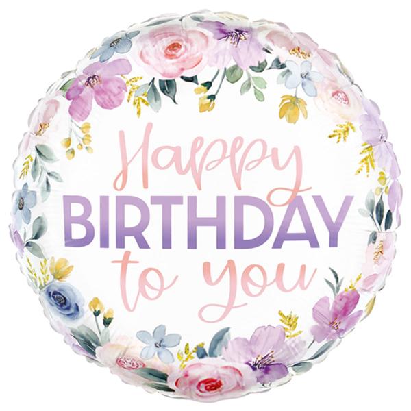 Happy Birthday Rund Blommig Folieballong