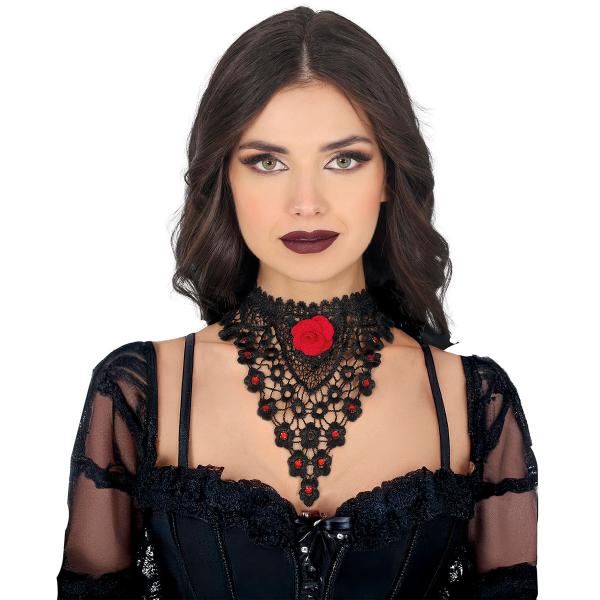 Broderad Choker med Röd Ros