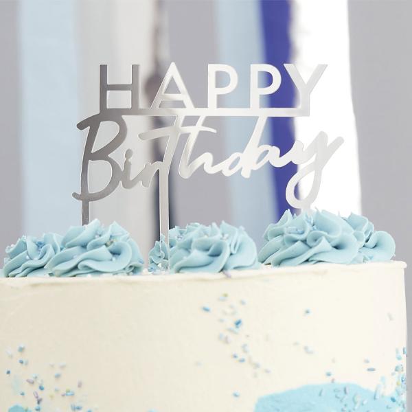 Happy Birthday Tårtdekoration Silver