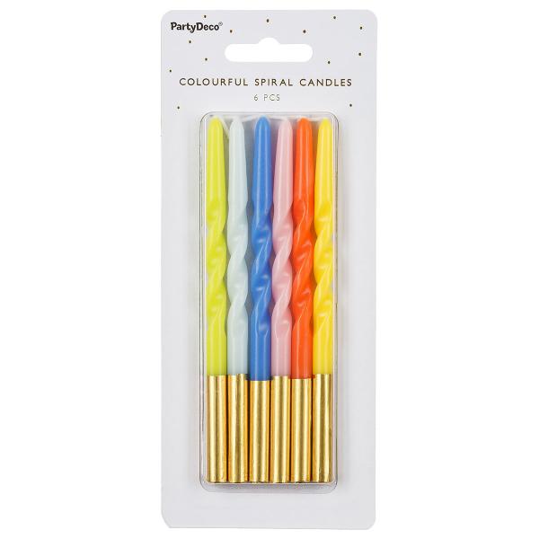 Tårtljus Långa Spiral Färgmix 6-pack