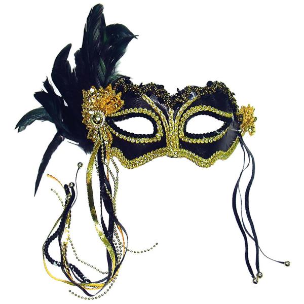 Venetiansk Ögonmask med Fjädrar Svartmetallic