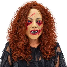 Latexmask Zombie med R&ouml;dbrunt H&aring;r