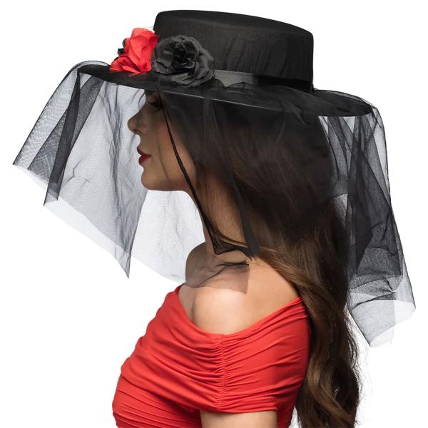 Svart Hatt med Döskallar, Blommor & Slöja
