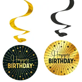 Swirls Happy Birthday Guld/Svart 4-pack
