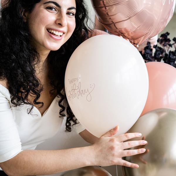 Latexballonger Happy Birthday Krämrosa/Olivgrön/Krämvit 6-pack