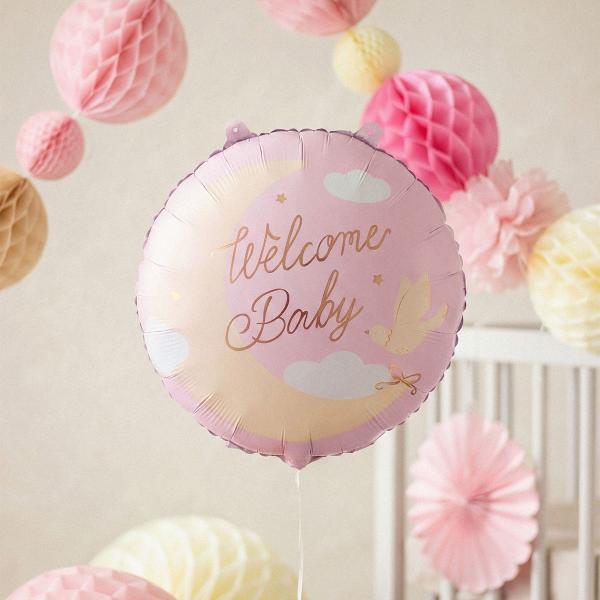 Folieballong Welcome Baby Ljusrosa Rund 35 cm