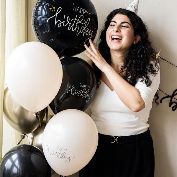 Latexballonger Happy Birthday Svart/Olivgrön/Krämvit 6-pack