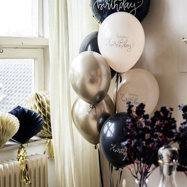 Latexballonger Happy Birthday Svart/Olivgrön/Krämvit 6-pack