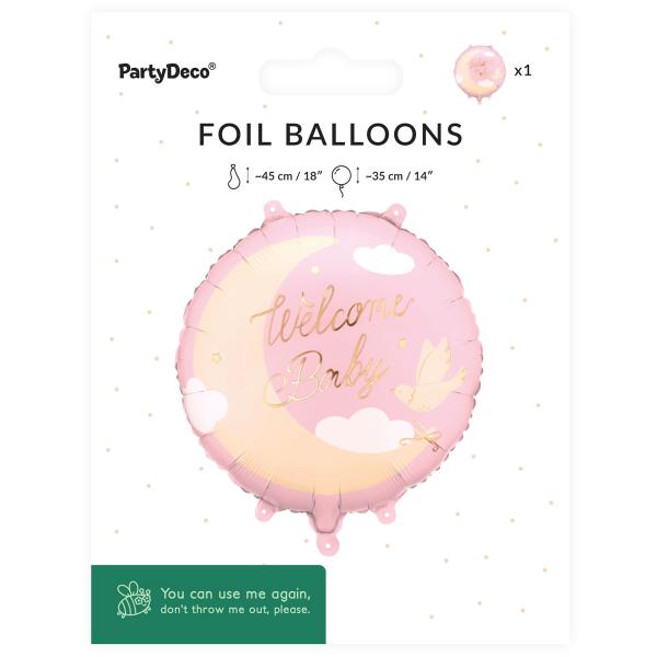 Folieballong Welcome Baby Ljusrosa Rund 35 cm