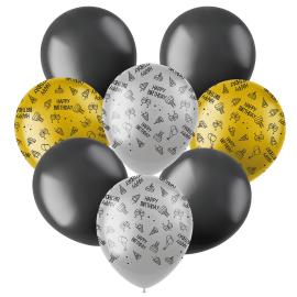 Latexballonger Happy Birthday Svart/Silver/Guld 8-pack