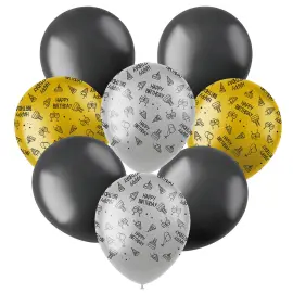 Latexballonger Happy Birthday Svart/Silver/Guld 8-pack