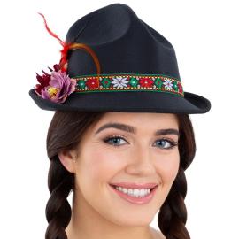 Svart Dirndl Hatt med Fjädrar & Blommor