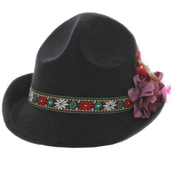 Svart Dirndl Hatt med Fjädrar & Blommor