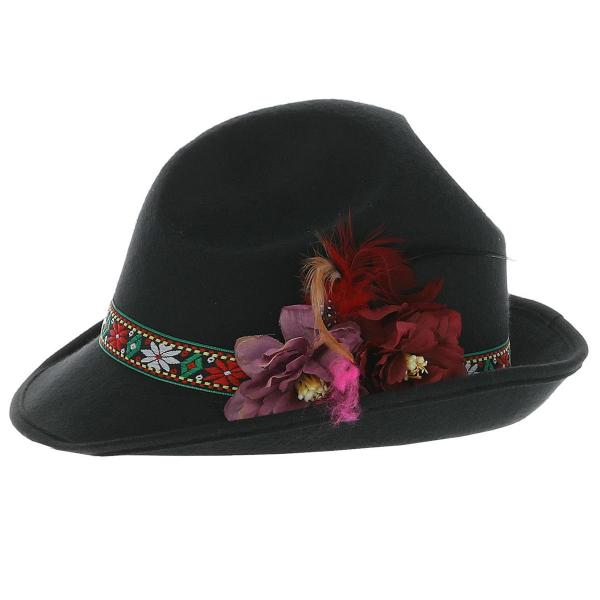 Svart Dirndl Hatt med Fjädrar & Blommor