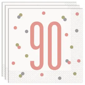 90 Års Servetter Vit & Rosa
