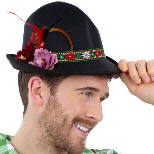 Svart Dirndl Hatt med Fjädrar & Blommor