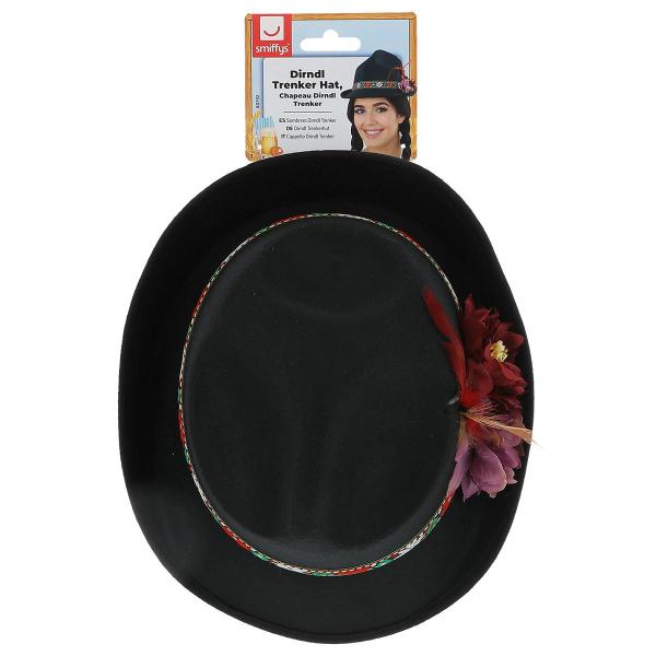 Svart Dirndl Hatt med Fjädrar & Blommor