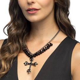 Gotiskt Halsband med Kors & P&auml;rlor Svart