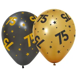 Latexballonger med Stj&auml;rnor & Siffran 75 6-pack