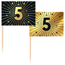 Partypicks 5 år Guld/Svart 50-pack