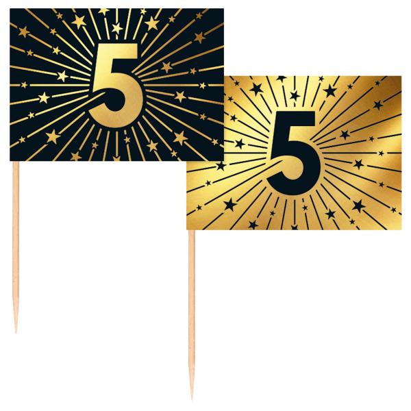 Partypicks 5 år Guld/Svart 50-pack