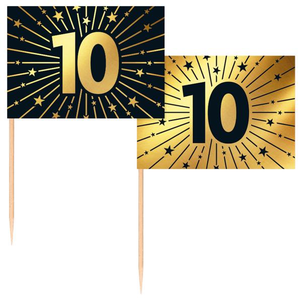 Partypicks 10 år Guld/Svart 50-pack