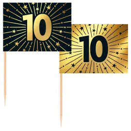 Partypicks 10 år Guld/Svart 50-pack