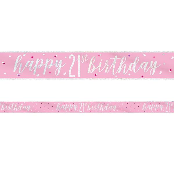 Happy 21th Birthday Banderoll Rosa & Silver