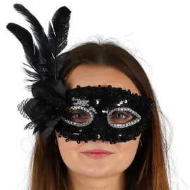 Halvmask med Fj&auml;drar Svart
