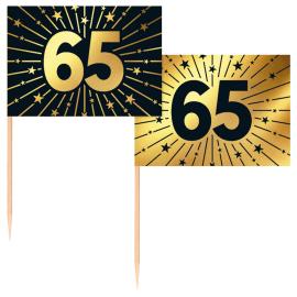 Partypicks 65 &aring;r Guld/Svart 50-pack
