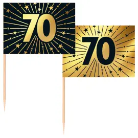 Partypicks 70 år Guld/Svart 50-pack