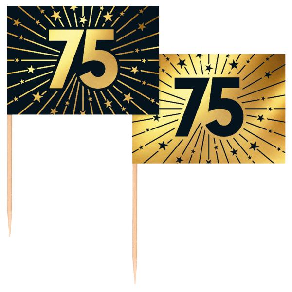 Partypicks 75 år Guld/Svart 50-pack